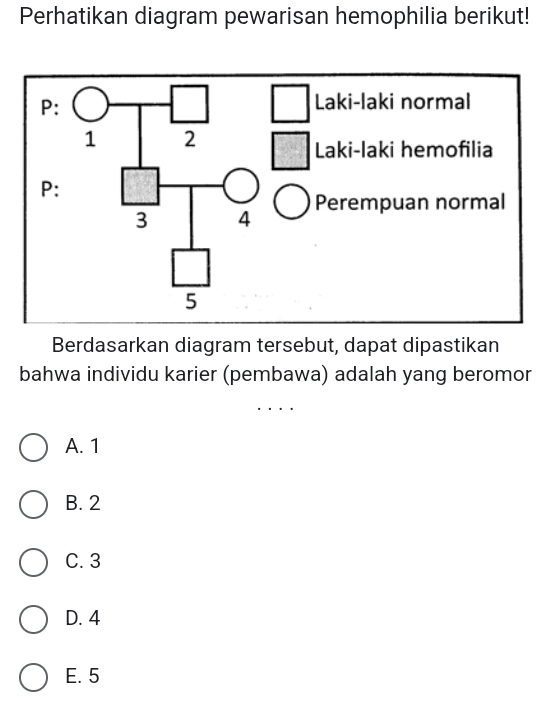 Perhatikan diagram pewarisan hemophilia berikut!
Berdasarkan diagram tersebut, dapat dipastikan
bahwa individu karier (pembawa) adalah yang beromor
A. 1
B. 2
C. 3
D. 4
E. 5