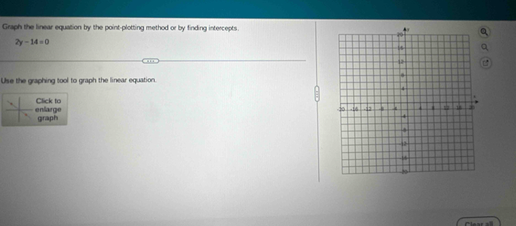 Graph the linear equation by the point-plotting method or by finding intercepts. 
2 y-14=0
Use the graphing tool to graph the linear equation. 
Click to 
enlarge 
graph 
Clear all