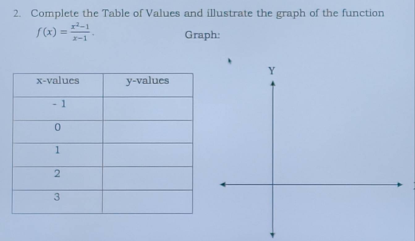 Complete the Table of Values and illustrate the graph of the function
f(x)= (x^2-1)/x-1 . 
Graph: