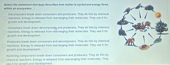 Select the statement that best describes how matter is cycled and energy flows
within an ecosystem.
Decomposers break down consumers and producers. They do this by chemica
reactions. Energy is released from rearranging their molecules. They use it for
growth and development.
Consumers break down decomposer and producers. They do this by chemical
reactions. Energy is released from rearranging their molecules. They use it for
growth and development.
Producers break down consumers and decomposers. They do this by chemical
reactions. Energy is released from rearranging their molecules. They use it for
growth and development.
Nonliving components break down consumers and producers. They do this by
chemical reactions. Energy is released from rearranging their molecules. They
use it for growth and development.