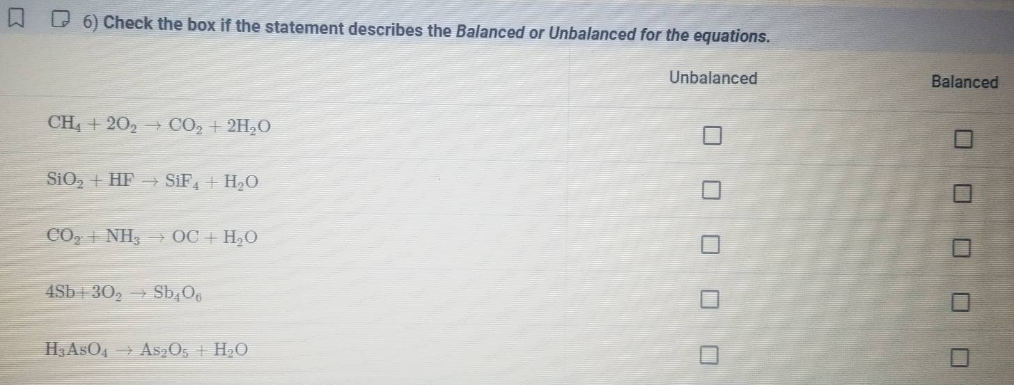 Check the box if the statement describes the Balanced or Unbalanced for the equations.
Unbalanced Balanced
CH_4+2O_2to CO_2+2H_2O
SiO_2+HFto SiF_4+H_2O
CO_2+NH_3to OC+H_2O
4Sb+3O_2to Sb_4O_6
H_3AsO_4to As_2O_5+H_2O