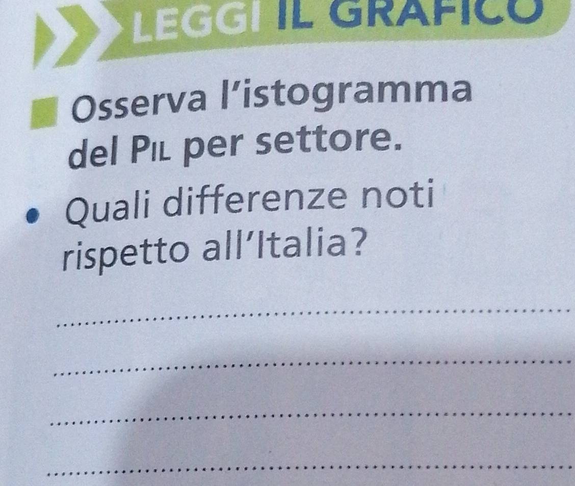 LEGGI IL GRAFICO 
I Osserva l’istogramma 
del Pil per settore. 
Quali differenze noti 
rispetto all’Italia? 
_ 
_ 
_ 
_