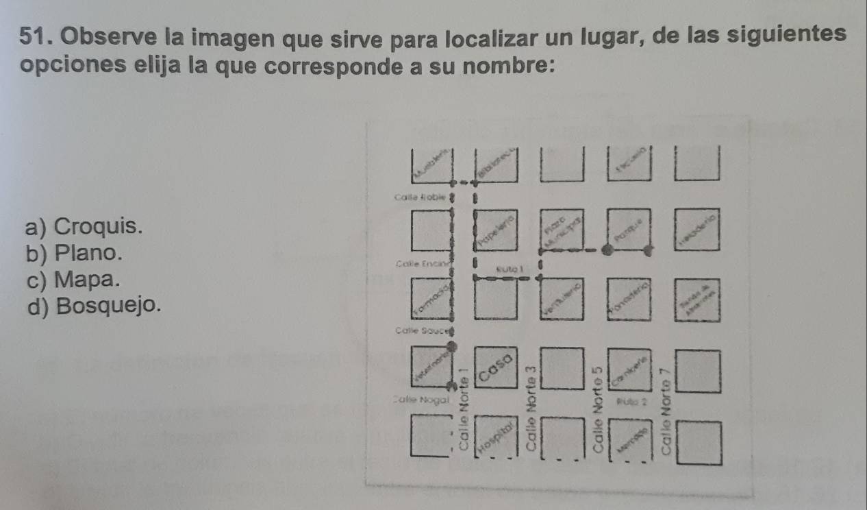 Observe la imagen que sirve para localizar un lugar, de las siguientes
opciones elija la que corresponde a su nombre:
Calle foble 2 1
a) Croquis.
b) Plano.
Calle Encin
c) Mapa. Ruto1 6
d) Bosquejo.
Calle Souce
Calle Nogal uto 2
 Q/Q 
2 k