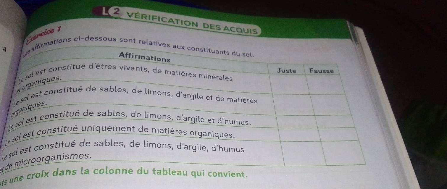 vérification des acquis 
Exercice 1 
à 
ci-dessous 
L 
t 
ets une croix qui convient.