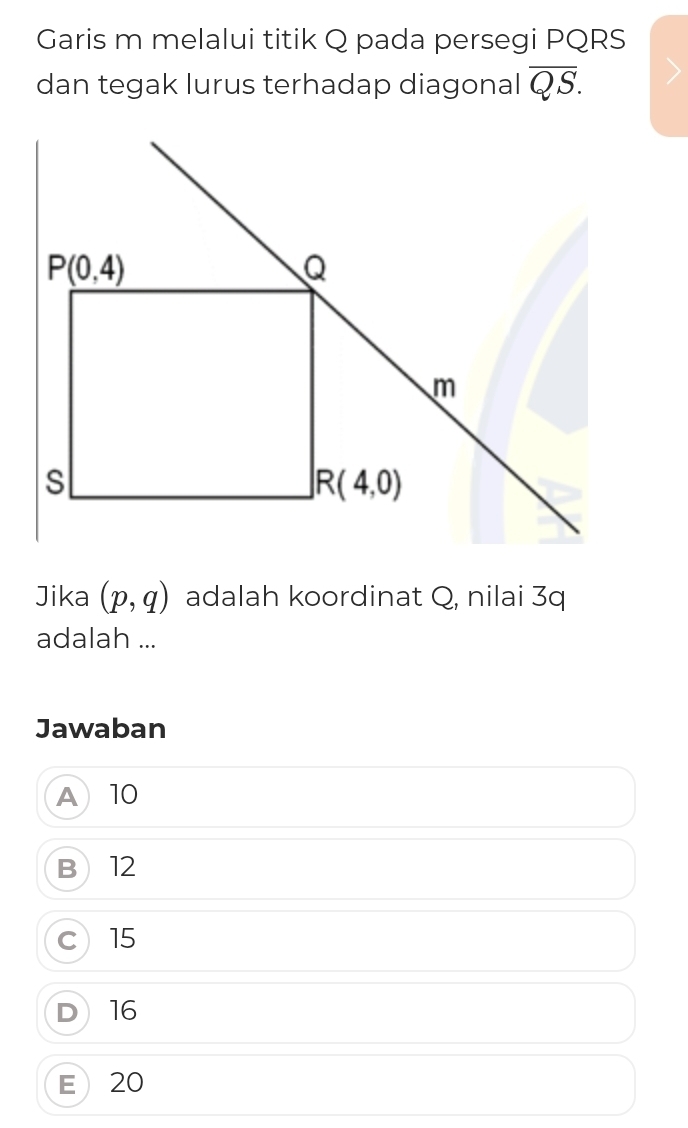 Garis m melalui titik Q pada persegi PQRS
dan tegak lurus terhadap diagonal overline QS.
Jika (p,q) adalah koordinat Q, nilai 3q
adalah ...
Jawaban
A 10
B 12
c15
D 16
E20