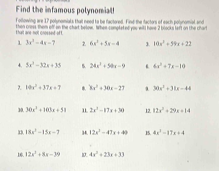 Solved: Find the infamous polynomial! Following are 17 polynomials that ...