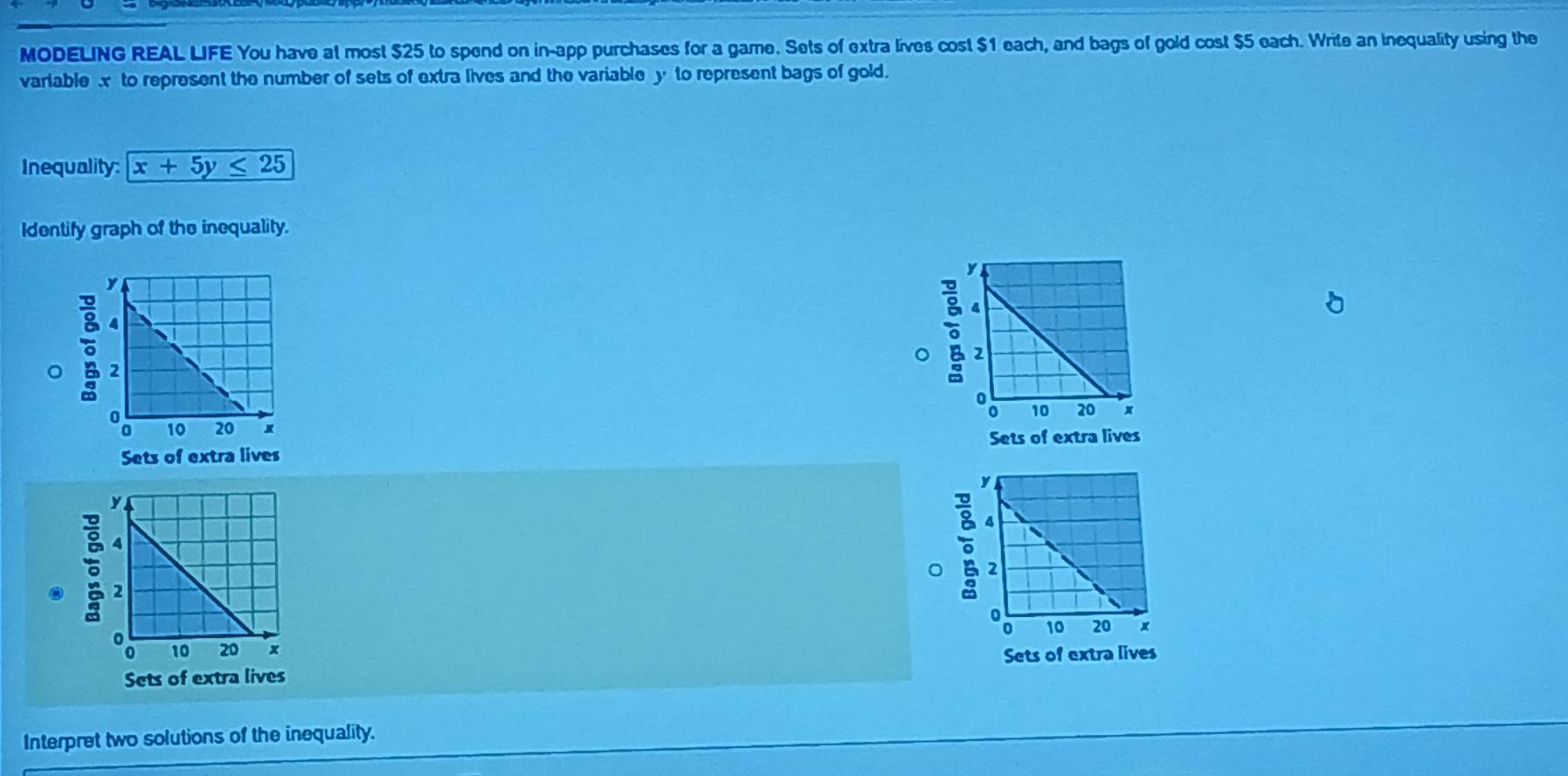 MODELING REAL LIFE You have at most $25 to spend on in-app purchases for a game. Sets of extra lives cost $1 each, and bags of gold cost $5 each. Write an inequality using the
variable x to represent the number of sets of extra lives and the variable y to represent bags of gold.
Inequality: x+5y≤ 25
Identify graph of the inequality.

Sets of extra lives 
。
.
Sets of extra lives
Sets of extra lives
Interpret two solutions of the inequality.