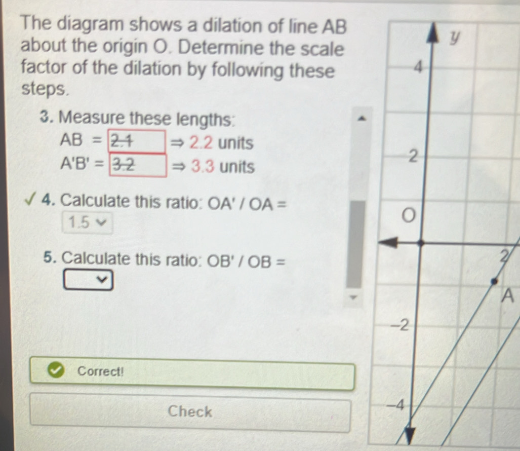 Solved: The diagram shows a dilation of line AB about the origin O ...