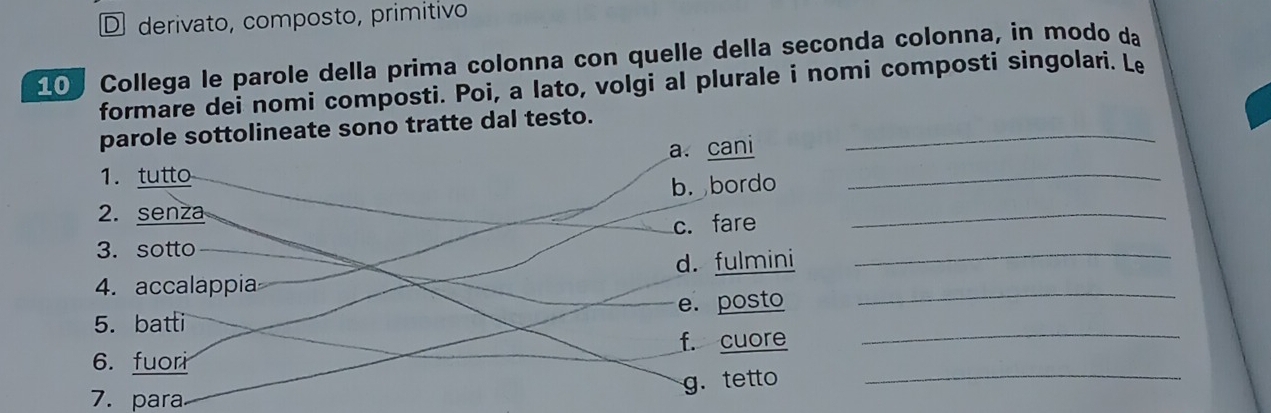 D derivato, composto, primitivo
Collega le parole della prima colonna con quelle della seconda colonna, in modo da
formare dei nomi composti. Poi, a lato, volgi al plurale i nomi composti singolari. Le
parole sottolineate sono tratte dal testo._
1. tutto a. cani_
b. bordo
2. senza
c. fare
_
3. sotto
4. accalappia d. fulmini__
5. batti e. posto
f. cuore_
6. fuori
g. tetto
_
7. para