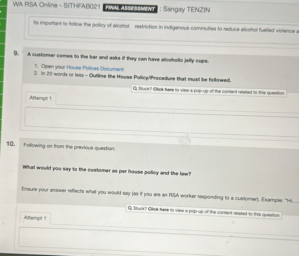 Solved: WA RSA Online - SITHFAB021 FINAL ASSESSMENT : Sangay TENZIN its ...