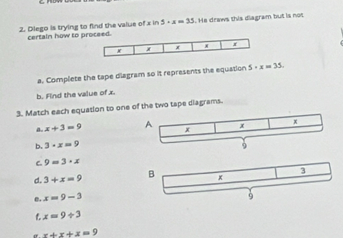 Diego is trying to find the value of x in 5· x=35. He draws this diagram but is not 
certain how to ped. 
a, Complete the tape diagram so it represents the equation 5· x=35. 
b. Find the value of x. 
3. Match each equation to one of the two tape diagrams. 
a. x+3=9
b. 3· x=9
C. 9=3· x
d. 3+x=9
e. x=9-3
t x=9/ 3
x+x+x=9