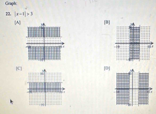 Graph: 
22. |x-1|>3
[A] 
[B] 

[C][D]