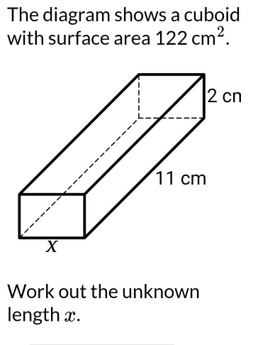 The diagram shows a cuboid 
with surface area 122cm^2. 
Work out the unknown 
length x. 
_ 
_