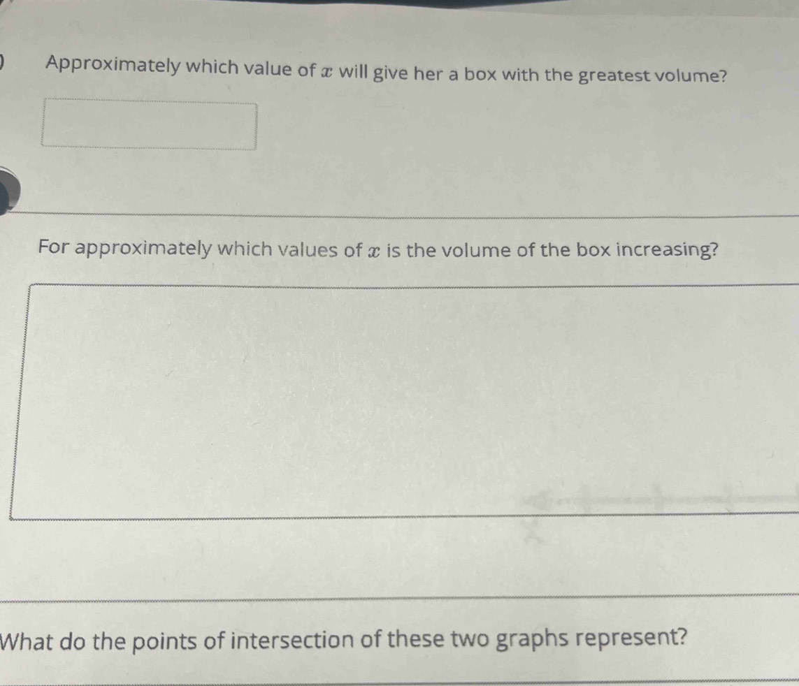 Approximately which value of x will give her a box with the greatest volume? 
For approximately which values of x is the volume of the box increasing? 
What do the points of intersection of these two graphs represent?