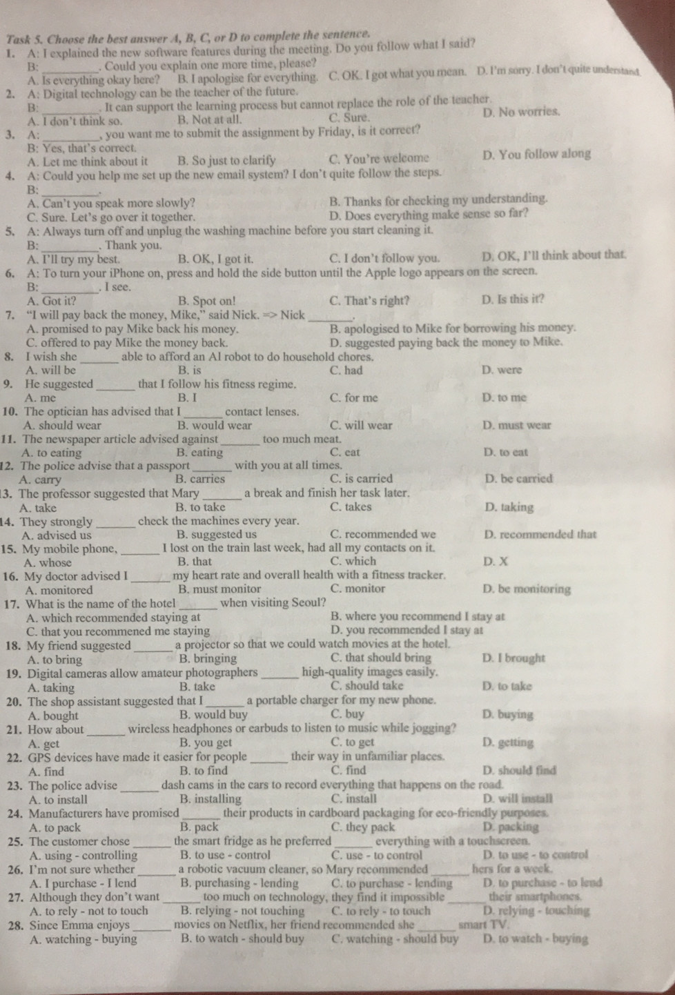 Giải quyết:Task 5. Choose the best answer A, B, C, or D to complete the ...