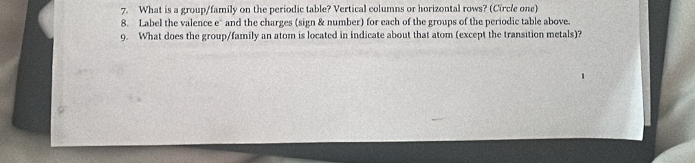 What is a group/family on the periodic table? Vertical columns or horizontal rows? (Circle one) 
8. Label the valence eand the charges (sign & number) for each of the groups of the periodic table above. 
9. What does the group/family an atom is located in indicate about that atom (except the transition metals)?