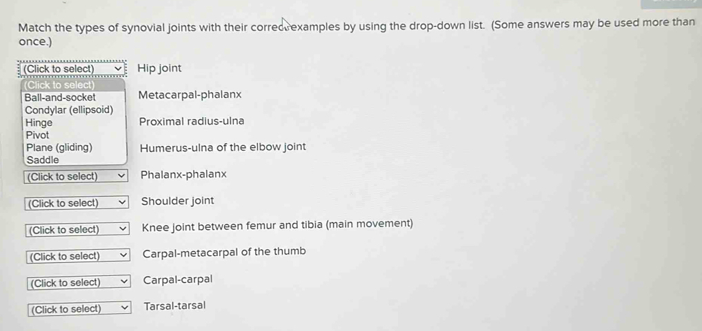 Solved: Match the types of synovial joints with their corred,examples ...