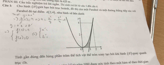 úc từng hăn là 625 m. 
PHẤN III. Câu trắc nghiệm trả lời ngắn. Thí sinh trả lời từ cầu 1 đến câu 6. 
Câu 1: Cho hình (H) giới hạn bởi trục hoành, đồ thị của một Parabol và một đường thắng tiếp xúc với 
Parabol đó tại điểm A(2;4) , như hình vẽ bên dưới: 
Tính gần đúng đến hàng phần trăm thể tích vật thể tròn xoay tạo bởi khi hình (H)quay quanh 
trục Ox. 
ừ từ năm 1990 được ước tính theo một hàm số theo thời gian