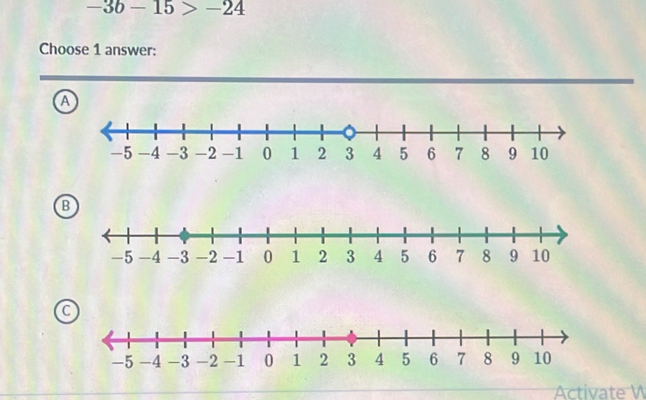 -3b-15>-24
Choose 1 answer:
A
B
a
Activate V