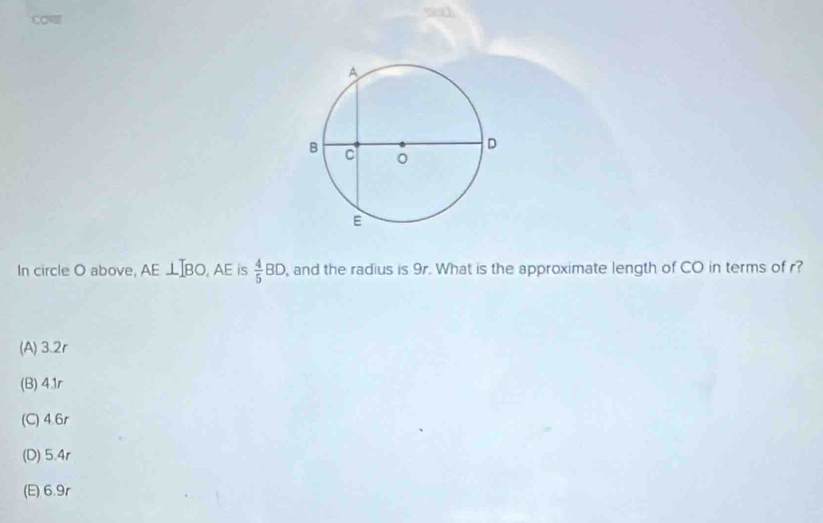 CO
In circle O above, AE ⊥IBO, AE is  4/5 BD , and the radius is 9r. What is the approximate length of CO in terms of r?
(A) 3.2r
(B) 4.1r
(C) 4.6r
(D) 5.4r
(E) 6.9r