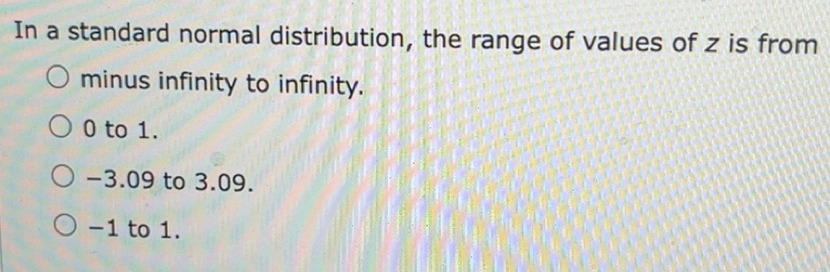 Solved: In a standard normal distribution, the range of values of z is ...