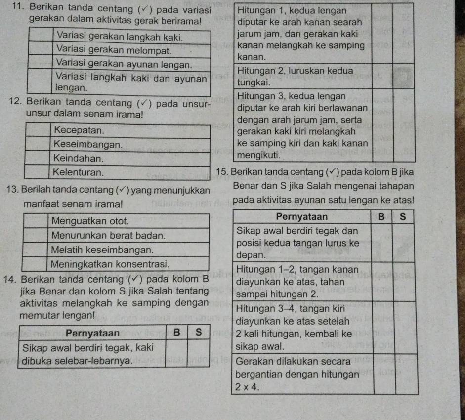 Berikan tanda centang (√ )pada variasi
gerakan dalam aktivitas gerak berirama! 
12. Berikan tanda centang (√) pada unsur-
unsur dalam senam irama!
13. Berilah tanda centang (√) yang menunjukkan Benar dan S jika Salah mengenai tahapan
manfaat senam irama! pada aktivitas ayunan satu lengan ke atas!
14. Berikan tanda centang (√) pada kolom B
jika Benar dan kolom S jika Salah tentang
aktivitas melangkah ke samping dengan
memutar lengan!