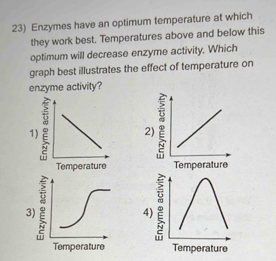 Enzymes have an optimum temperature at which
they work best. Temperatures above and below this
optimum will decrease enzyme activity. Which
graph best illustrates the effect of temperature on
enzyme activity?
1
2

4) ①
Temperature