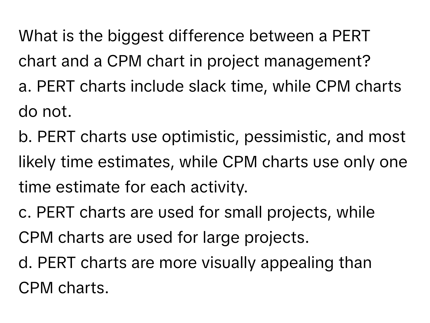 Solved: What is the biggest difference between a PERT chart and a CPM ...