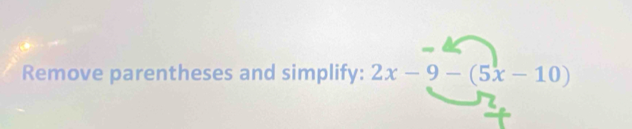 Remove parentheses and simplify: 2x-9-(5x-10)