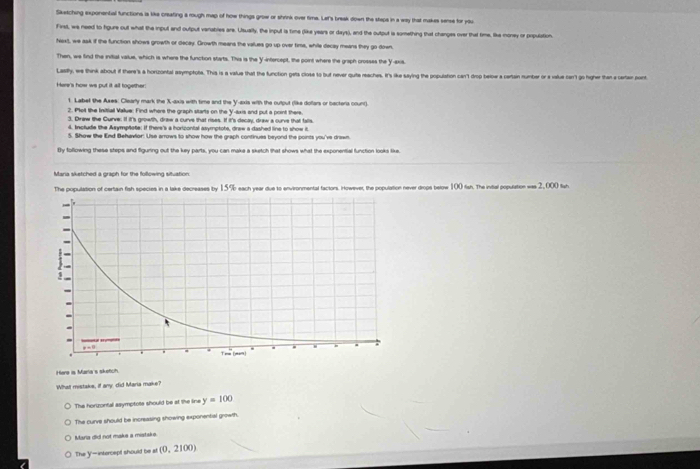 Sketching exponential functions is like creating a rough map of how things grow or shrink over tima. Let's break down the staps in a way that makes sense for you
First, we need to fgure out what the input and output vanabrles are. Usualty, the input is time (like years or days), and the output ia something that changes over that fime, like money or population.
haxt, we ask if the funcition shows growth or decay. Growth means the values go up over time, while decay means they go down,
Then, we find the initial vailue, which is where the function starts. This is the Y-intercepit, the point where the graph crosses the Y-axs.
Lasly, we think about if there's a horizontal asymptote. This is a value that the function gets close to but never quite reaches. It's like saying the population can't drop below a certain number or a value car) go higher then a certer point
Here's how we put it all together:
t. Labet the Axes: Clearly mark the X-axis with time and the Y-axis with the output (like dollars or becteria count)
2. Ploll the Initiall Vallue: Find where the graph starts on the Y-axis and put a point there.
3. Draw tke Curve: If it's growth, draw a curve that rises. If it's decay, draw a curve that falls.
4. Include the Asymptete: If there's a hortzontal asymptots, drew a dashed line to show it.
5. Show the End Behavlor: Use arrows to show how the graph continues beyond the points you've drawn.
By following these steps and figuring out the key parts, you can make a sketch that shows what the exponential function looks like.
Maria sketched a graph for the following situation.
The population of certain fish species in a lake decreases by 15% each year due to environmental factors. Irowever, the population never drops below 100 fish. The ivial population was 2,000 tah
Hare is Maria's sketch.
What mistake, if any did Maria make?
The horizontal asymptote should be at the line y=100
The curve should be increasing showing exponential growth.
Maria did not make a mistake.
The y-intercept should be at (0,2100)