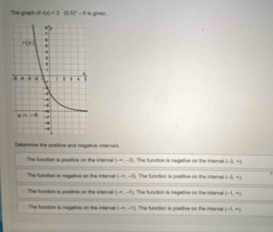 The graph of f(x)=3· (0.5)^2-6 is given.
Determine the positive and negative intervals.
The function is positive on the inferval (-∈fty ,-3). The function is negative on the interval (-3,-).
The function is negative on the interval (-∈fty ,-3) l. The function is positive on the interval (-3,-).
The function is positive on the interval (-∈fty ,-1). The function is negative on the interval (-1,-2)
The function is negative on the interval (-∈fty ,-1). The function is positive on the interval (-1,∈fty )