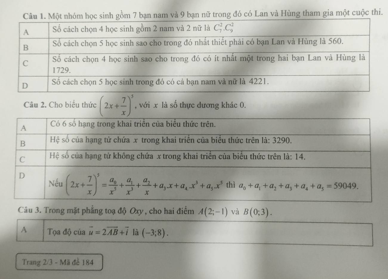 bạn nam và 9 bạn nữ trong đó có Lan và Hùng tham gia một cuộc thi.
Câu 2. Cho biểu thức (2x+ 7/x )^5 , với x là số thực dương khác 0.
Trang 2/3 - Mã đề 184