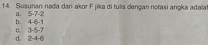 Susunan nada dari akor F jika di tulis dengan notasi angka adalal
a. 5-7-2
bì 4-6-1
C. 3-5-7
d. 2-4-6