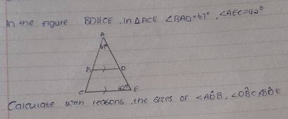 In the figure BOllCE, in △ ACE∠ BAD=67°,∠ AEC=42°
Calculate wHh leasons, the sizes or ∠ Awidehat DB,∠ Dwidehat BC+∠ Bhat DE