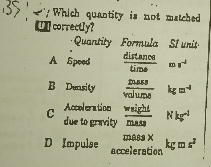 Which quantity is not matched
U correctly?
·Quantity Formula SI unit·
A Speed msi
mass
B Density valume kgms
C Accaleration weight
due to gravity mass
N kg¹
massx kg m s²
D Impulse acceleration