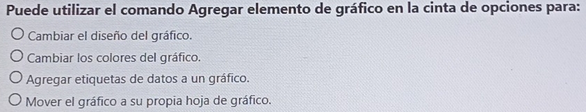 Puede utilizar el comando Agregar elemento de gráfico en la cinta de opciones para:
Cambiar el diseño del gráfico.
Cambiar los colores del gráfico.
Agregar etiquetas de datos a un gráfico.
Mover el gráfico a su propia hoja de gráfico.