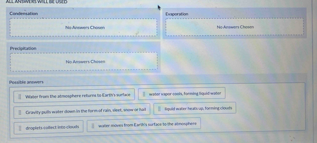 Condensation Evaporation 
No Answers Chosen No Answers Chosen 

Precipitation 
No Answers Chosen 
Possible answers 
Water from the atmosphere returns to Earth's surface water vapor cools, forming liquid water 
Gravity pulls water down in the form of rain, sleet, snow or hail liquid water heats up, forming clouds 
beginarrayr 41 31□ 