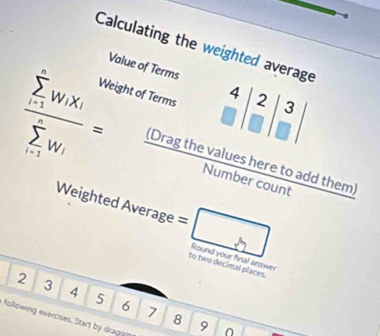 Calculating the weighted average 
Value of Terms 
ght of Terms beginarrayr 4|4beginvmatrix 2&3 □ endvmatrix
frac (sumlimits _i=1)^nw_ix_i(sumlimits _i=1)^nw_i=  (Dragthevaluesheretoaddthem/Numbercount  
Weighted Average =□ to two decimal places. 
Round your final answer
2 3 4 5 6 7
following exercises. Start by dragg
8 9 0