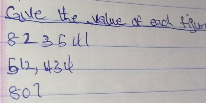 Gue the velue of each figur
8235u1
512, 434
807