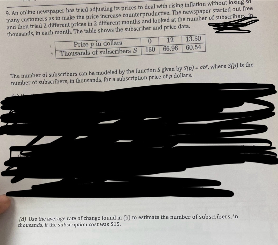 An online newspaper has tried adjusting its prices to deal with rising inflation without losing so 
many customers as to make the price increase counterproductive. The newspaper started out free 
and then tried 2 different prices in 2 different months and looked at the number of subscribers, in 
thousands, in ach month. The table shows the subscriber and price data. 
The number of subscribers can be modeled by the function S given by S(p)=ab^p , where S(p) is the 
number of subscribers, in thousands, for a subscription price of p dollars. 
(d) Use the average rate of change found in (b) to estimate the number of subscribers, in 
thousands, if the subscription cost was $15.