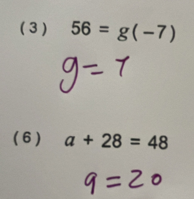 ( 3 ) 56=g(-7)
(6) a+28=48