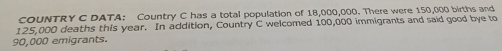 COUNTRY C DATA: Country C has a total population of 18,000,000. There were 150,000 births and
125,000 deaths this year. In addition, Country C welcomed 100,000 immigrants and said good bye to
90,000 emigrants.