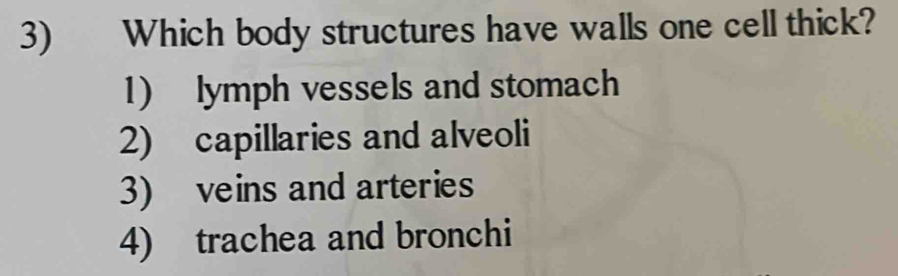 Which body structures have walls one cell thick?
1) lymph vessels and stomach
2) capillaries and alveoli
3) veins and arteries
4) trachea and bronchi