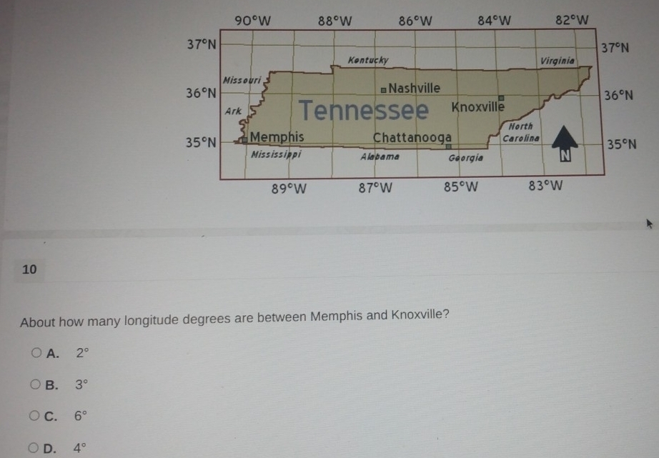 About how many longitude degrees are between Memphis and Knoxville?
A. 2°
B. 3°
C. 6°
D. 4°