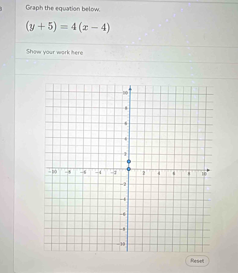 Graph the equation below.
(y+5)=4(x-4)
Show your work here 
Reset