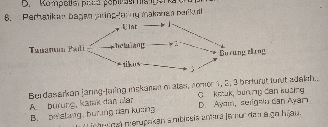 D. Kompetisi pada populasi mangsa karcha
8. Perhatikan bagan jaring-jaring makanan berikut!
Berdasarkan jaring-jaring makanan di atas, nomor 1, 2, 3 berturut turut adalah...
A. burung, katak dan ular C. katak, burung dan kucing
D. Ayam, serigala dan Ayam
B. belalang, burung dan kucing
L ichenes) merupakan simbiosis antara jamur dan alga hijau.