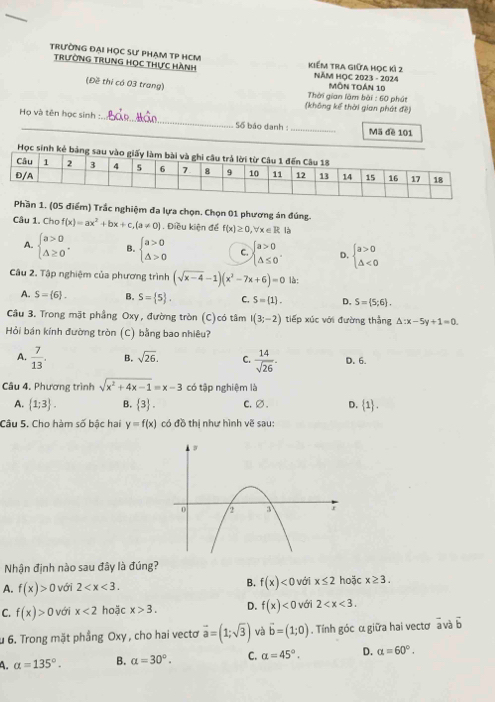 trường trung Học thực hành
trườNG ĐẠi HọC SƯ phAm TP HCM Kiểm tra giữa học kì 2  NÄM HỌC 2023 - 2024
(Đề thi có 03 trang)  Thời gian làm bài : 60 phút Môn toán 10
(không kể thời gian phát đề
_
Họ và tên học sinh _Số báo danh : _Mã đề 101
Học sinh
5 điểm) Trắc nghiệm đa lựa chọn. Chọn 01 phương án đúng.
Câu 1. Cho f(x)=ax^2+bx+c,(a!= 0) Điều kiện để f(x)≥ 0,forall x∈ R là
A. beginarrayl a>0 △ ≥ 0endarray. . B. beginarrayl a>0 △ >0endarray. C. beginarrayl a>0 △ ≤ 0endarray. . D. beginarrayl a>0 △ <0endarray.
Câu 2. Tập nghiệm của phương trình (sqrt(x-4)-1)(x^2-7x+6)=0 là:
A. S= 6 . B. S= 5 . C. S= 1 . D. S= 5;6 .
Câu 3. Trong mặt phẳng Oxy, đường tròn (C)có tâm I(3;-2) tiếp xúc với đường thẳng △ :x-5y+1=0.
Hỏi bán kính đường tròn (C) bằng bao nhiêu?
A.  7/13 . B. sqrt(26). C.  14/sqrt(26) . D. 6.
Câu 4. Phương trình sqrt(x^2+4x-1)=x-3 có tập nghiệm là
A.  1;3 . B.  3 . C.∅. D.  1 .
Câu 5. Cho hàm số bậc hai y=f(x) có đồ thị như hình vẽ sau:
Nhận định nào sau đây là đúng?
A. f(x)>0 với 2 B. f(x)<0</tex> với x≤ 2 hoặc x≥ 3.
C. f(x)>0 với x<2</tex> hoặc x>3. D. f(x)<0</tex> với 2
u 6. Trong mặt phẳng Oxy , cho hai vectơ vector a=(1;sqrt(3)) và vector b=(1;0). Tính góc α giữa hai vectơ a và vector b
A. alpha =135°. B. alpha =30°. C. alpha =45°. D. alpha =60°.
