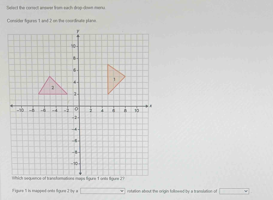 Select the correct answer from each drop-down menu. 
Consider figures 1 and 2 on the coordinate plane. 
Figure 1 is mapped onto figure 2 by a ·s ·s rotation about the origin followed by a translation of overline □ 