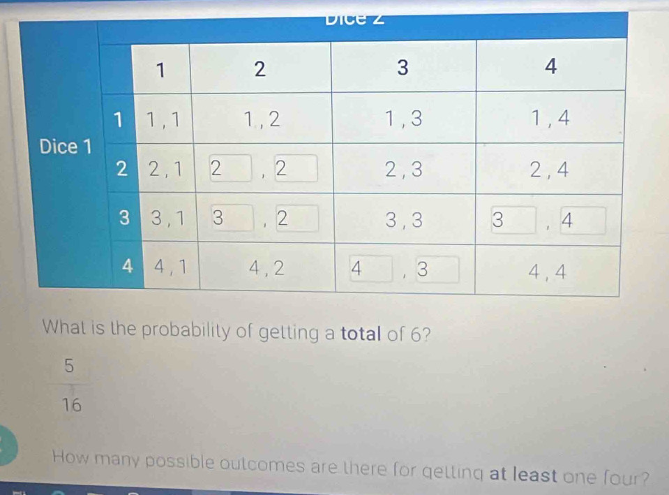 What is the probability of getting a total of 6? 
—
 5/12 
16
How many possible outcomes are there for getting at least one four?