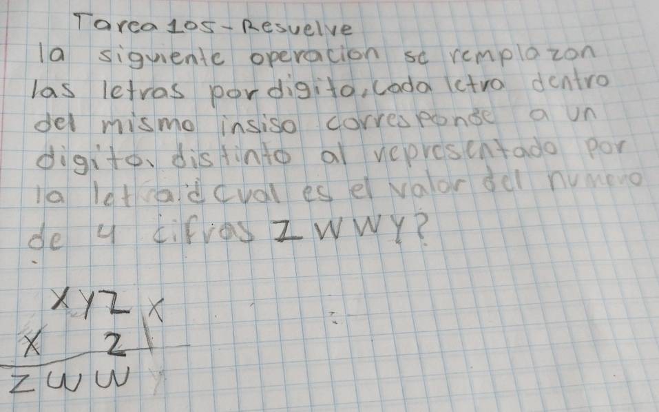 Tarea 10s-Resuelve 
la siguiente operacion so remplazon 
las letras pordigito, coda ictro dentro 
del mismo insiso corresponge a un 
digite, disfinto al vepresentado por 
la letadcval es ei valor del numeio 
de y fifies zwwy?
beginarrayr x12 * 2 hline z1wendarray